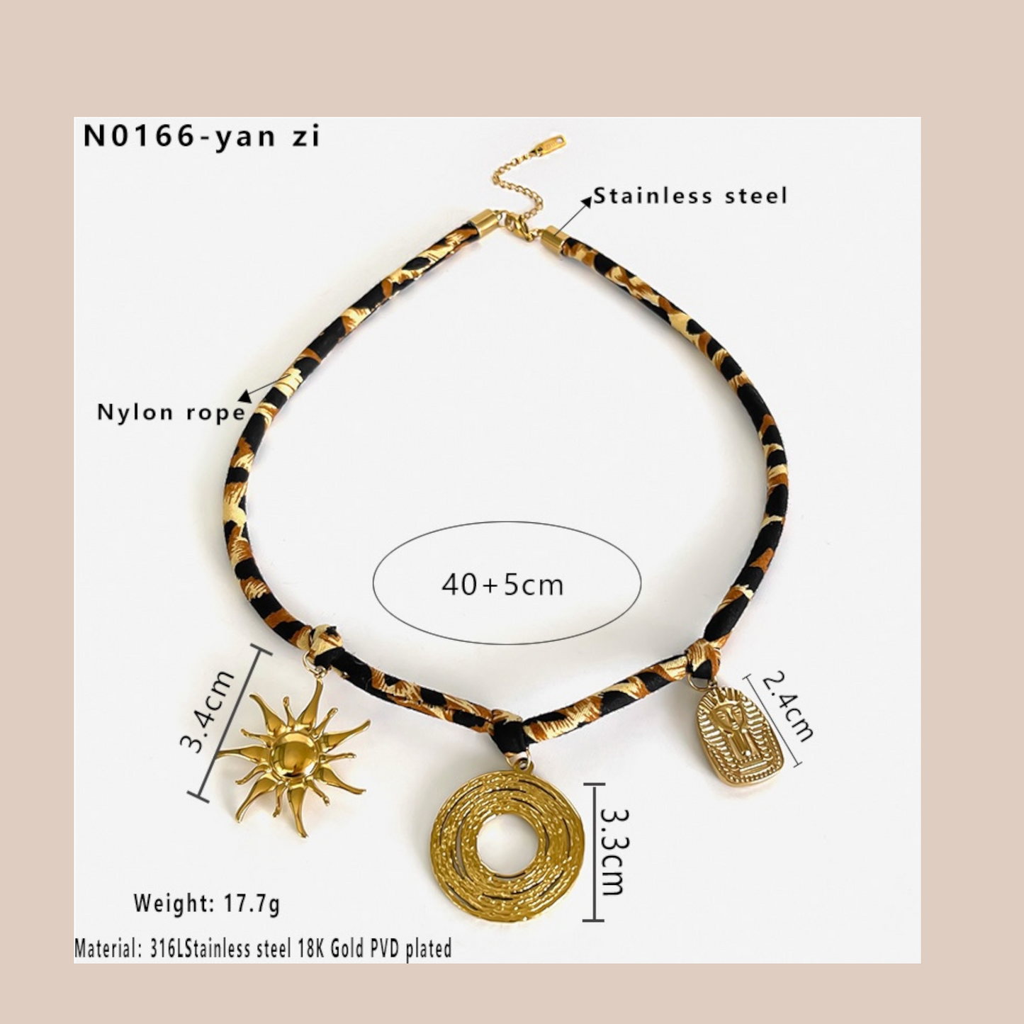 Necklace 3 pend Sun Circle Leopard Steel Nylon Stainless still