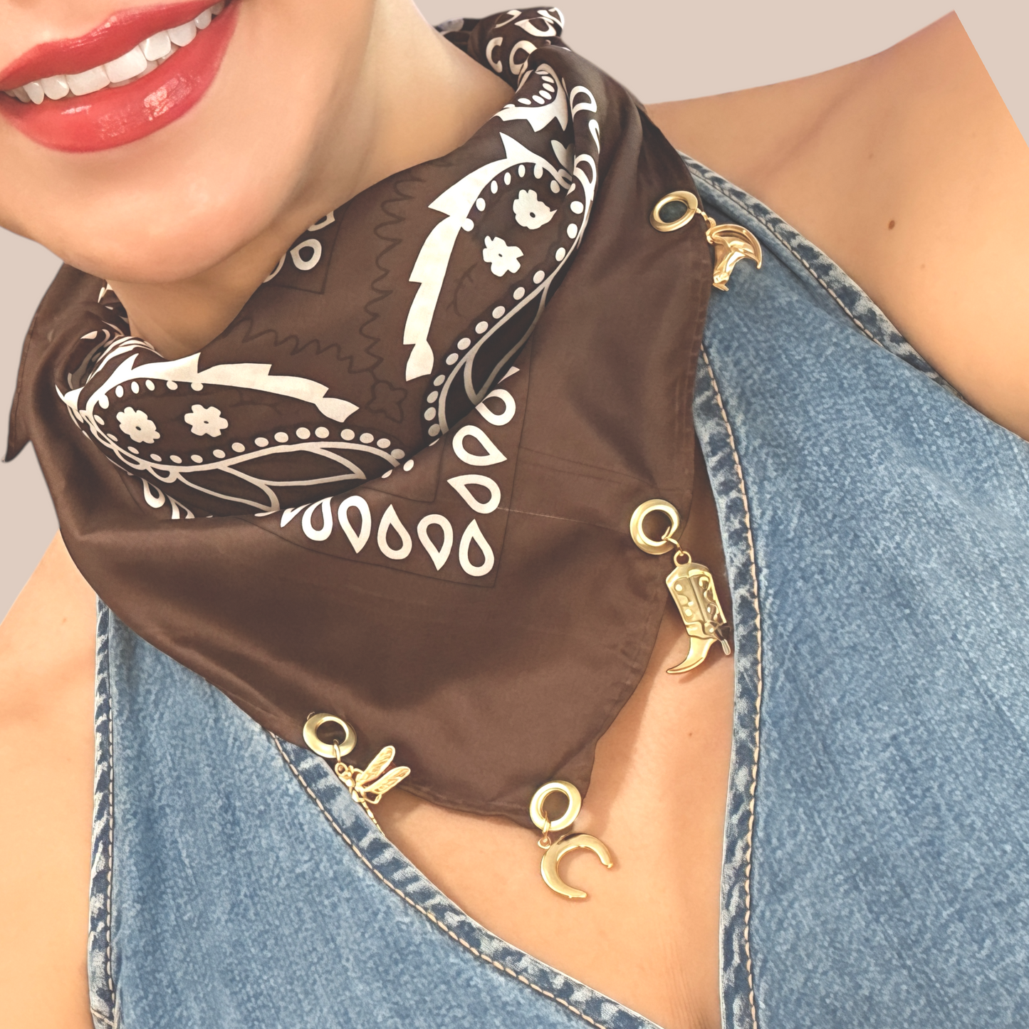 Cowboy Jewelry Bandanna with gold boot & dragonfly charms