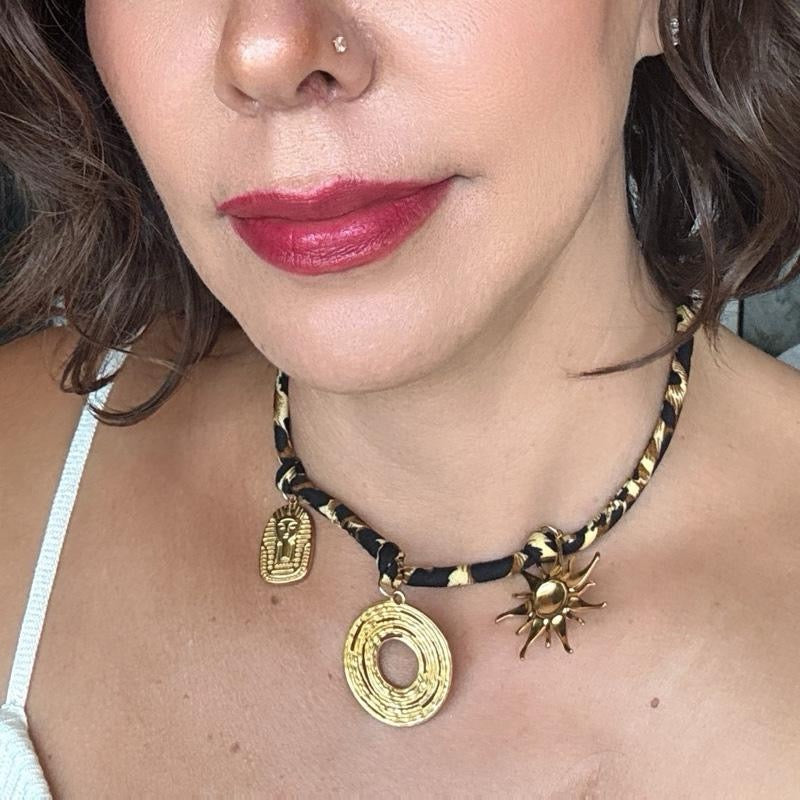 Necklace 3 pend Sun Circle Leopard Steel Nylon Stainless still