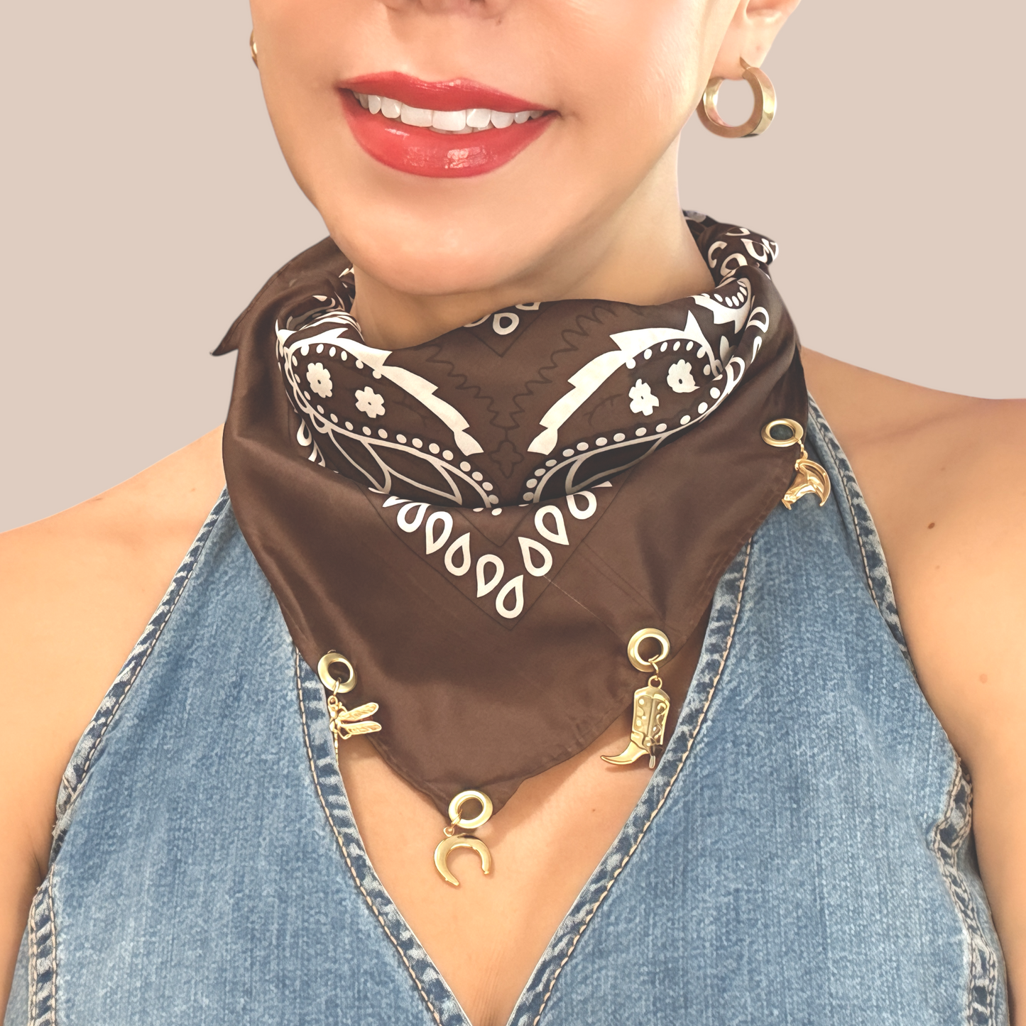 Cowboy Jewelry Bandanna with gold boot & dragonfly charms