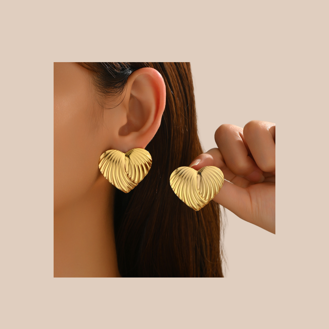 Golden Heart Studs Butterfly Clip Earrings in Gold-Plated - Lizi Yarce Accesories