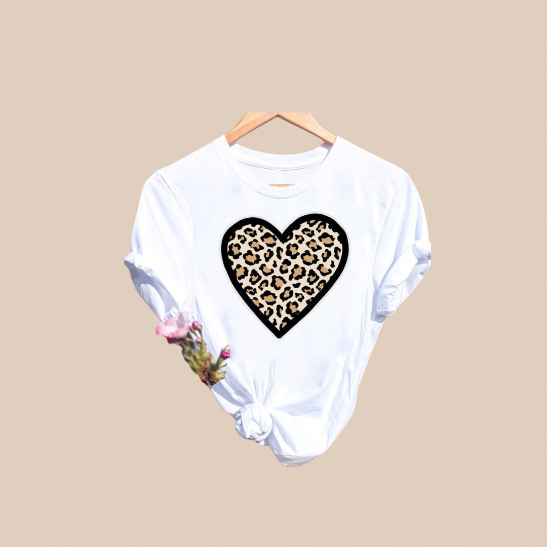 Women's Streetwear Leopard Heart Short Sleeve Printing T-Shirts - Lizi Yarce Accesories