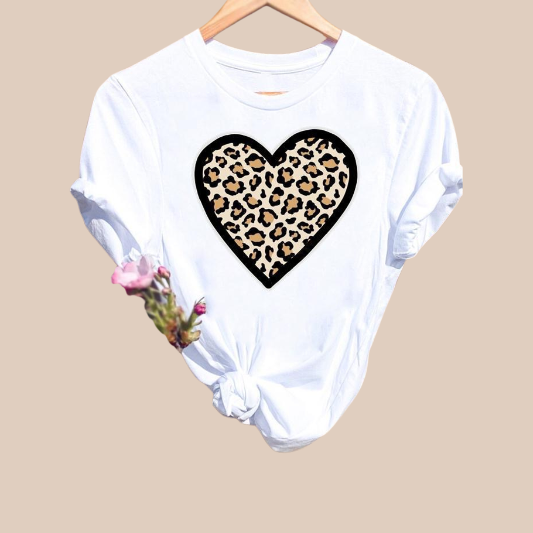 Women's Streetwear Leopard Heart Short Sleeve Printing T-Shirts - Lizi Yarce Accesories