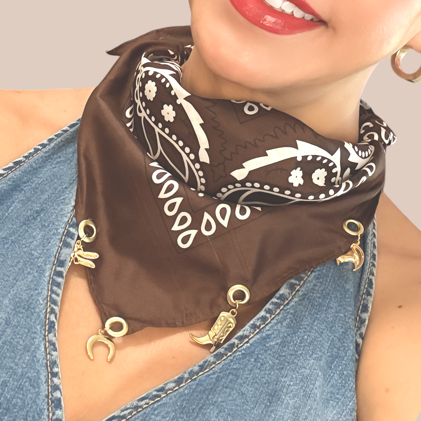 Cowboy Jewelry Bandanna with gold boot & dragonfly charms