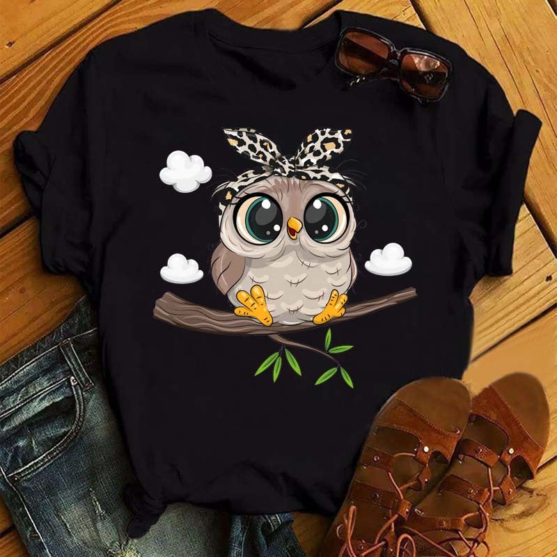 Women's Streetwear Cartoon Owl Short Sleeve Printing T-Shirts - Lizi Yarce Accesories