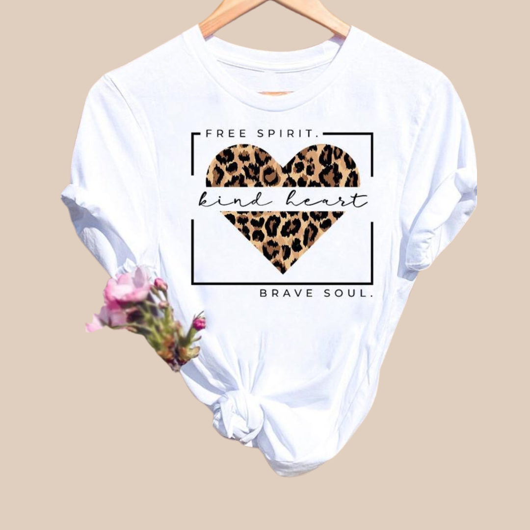 Women's Streetwear Leopard Heart free Spirit… Short Sleeve Printing T-Shirts - Lizi Yarce Accesories