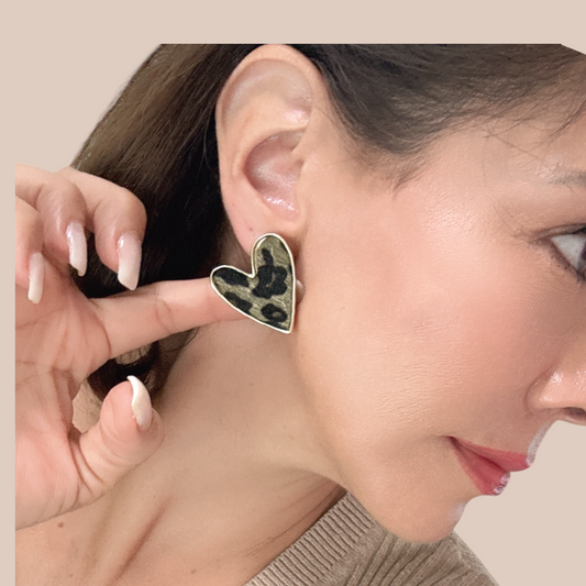 Animal print heart Earrings studs gold fill