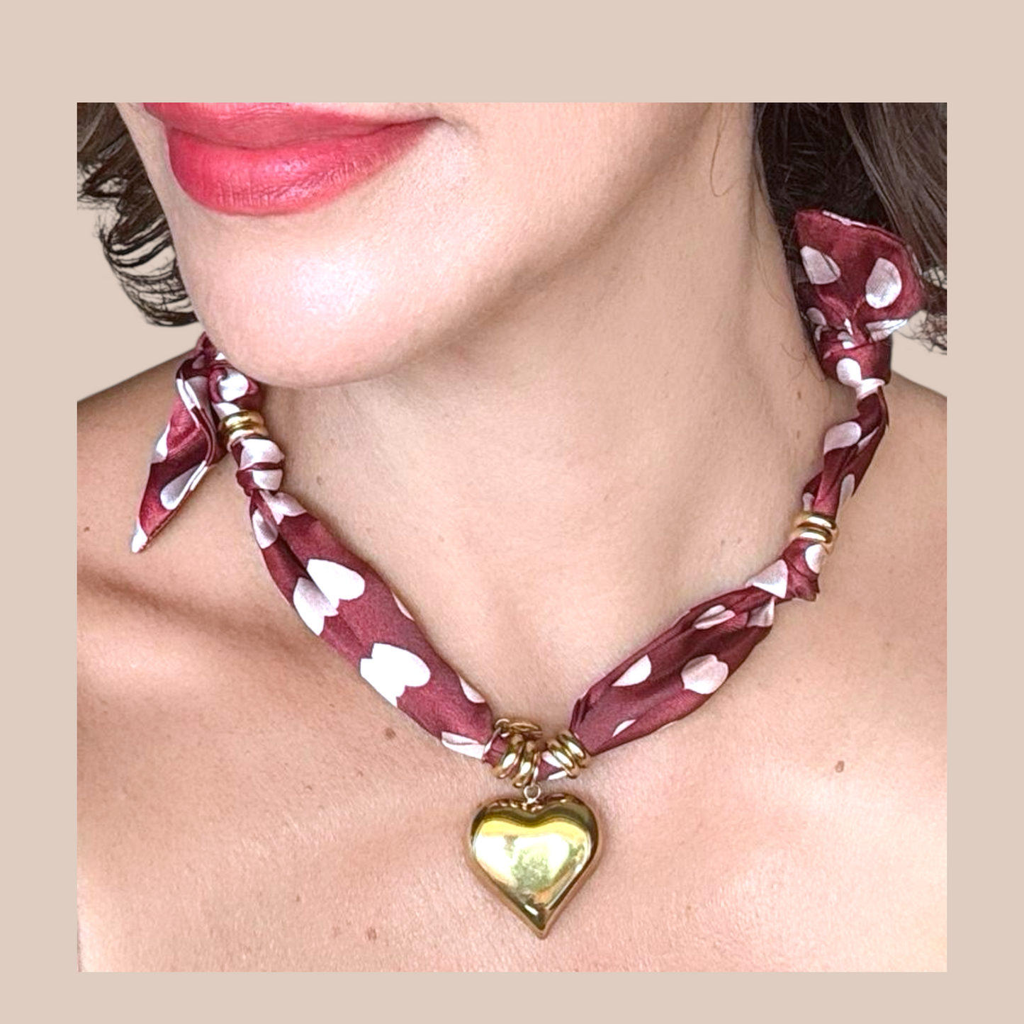 Heart pendant polka dots scarf necklace