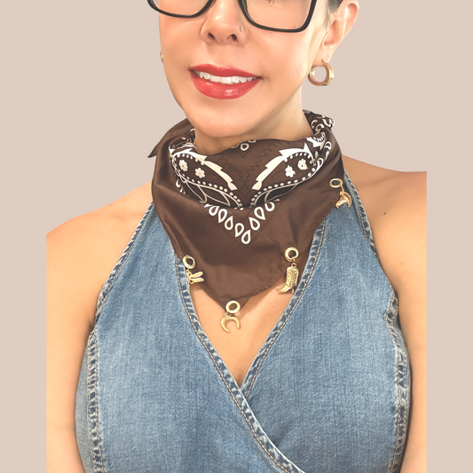 Cowboy Jewelry Bandanna with gold boot & dragonfly charms