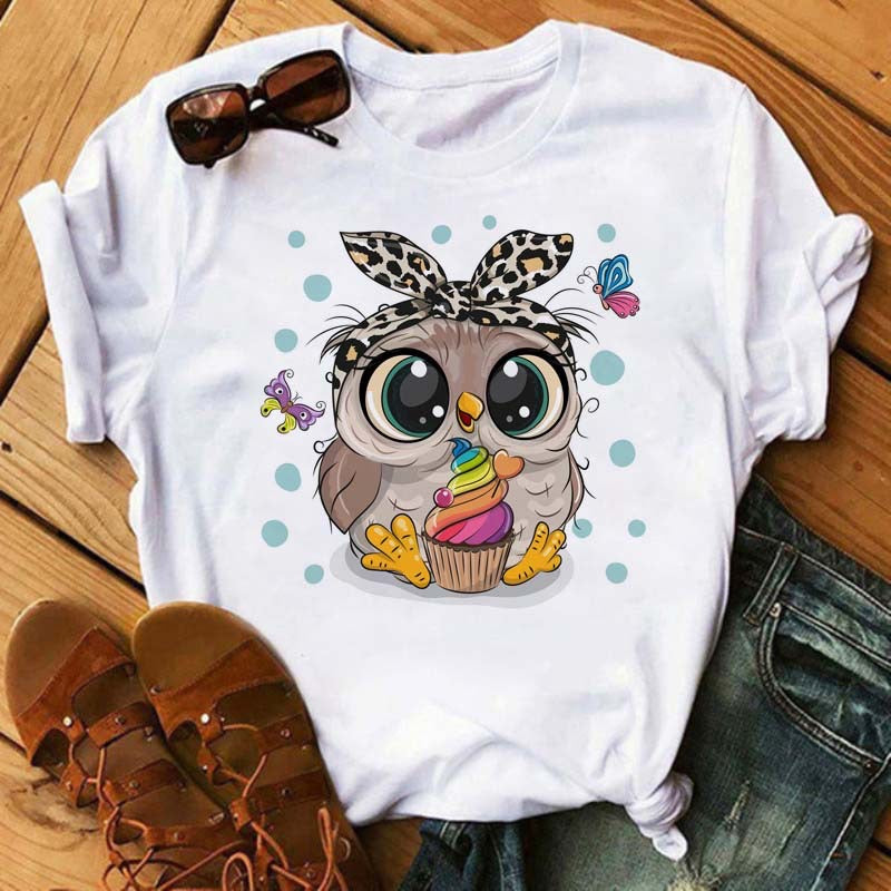 Women's Streetwear Cartoon Owl Short Sleeve Printing T-Shirts - Lizi Yarce Accesories