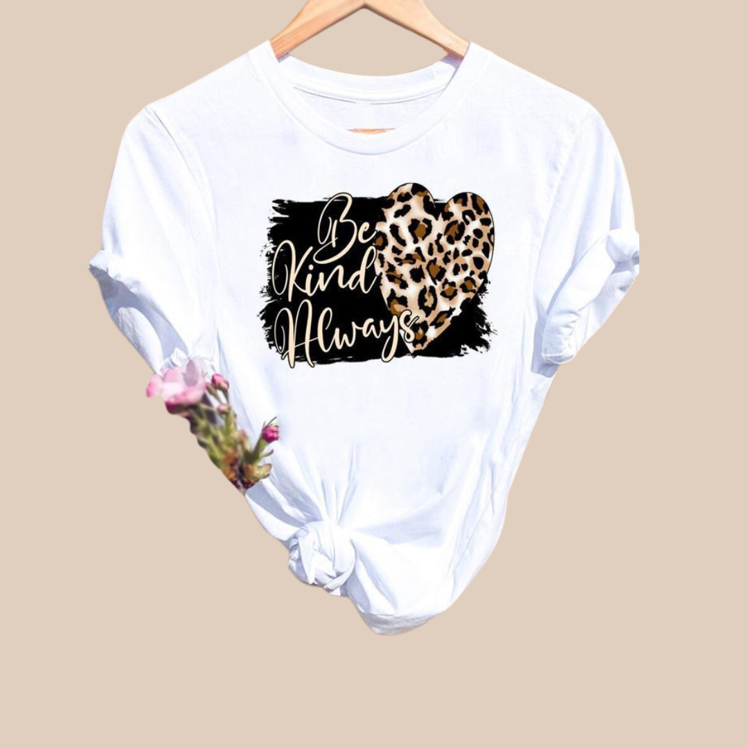 Women's Streetwear Leopard Heart Be kind Always Short Sleeve Printing T-Shirts - Lizi Yarce Accesories